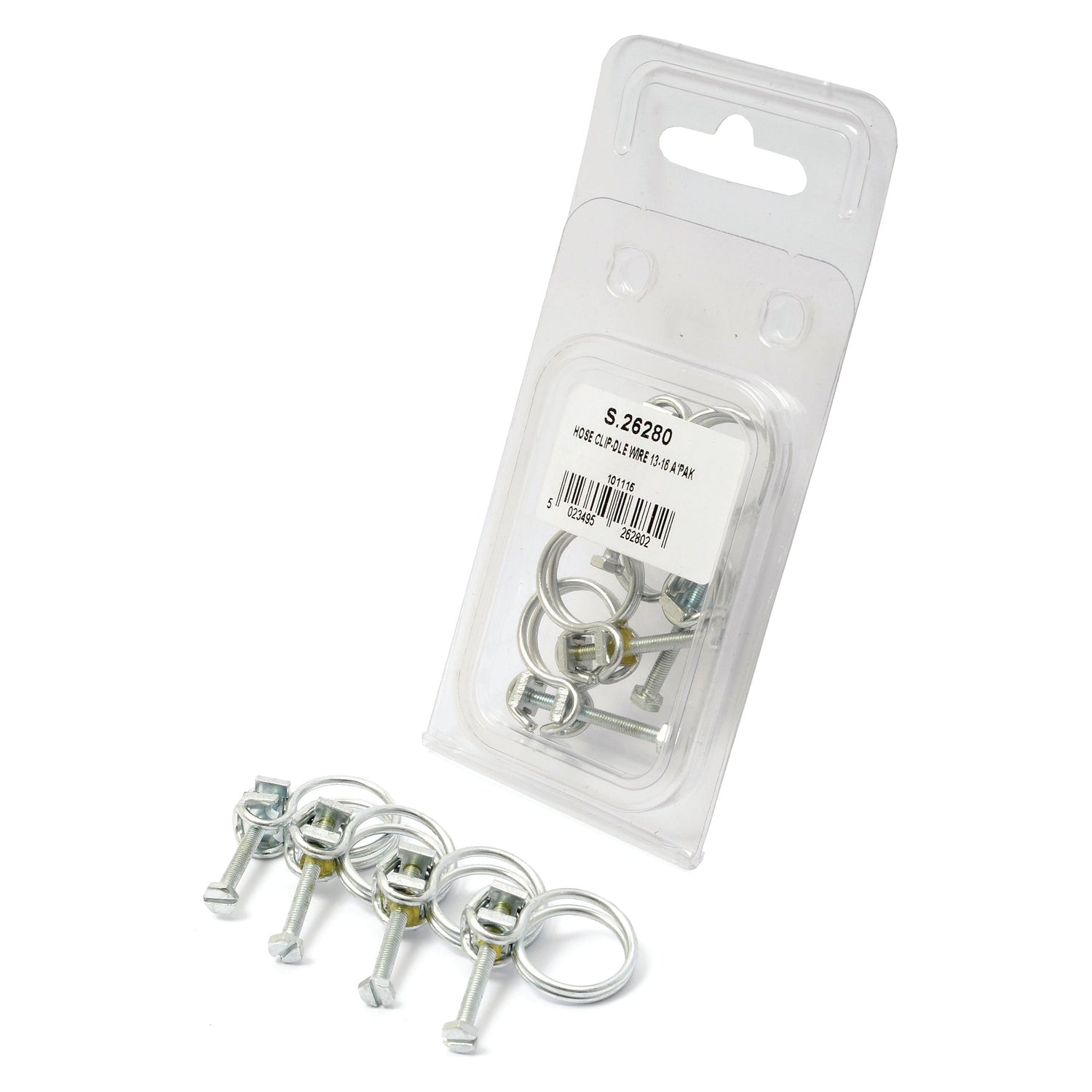 A pack of four Double Wire Hose Clips (Ø13-16mm) displayed both inside a transparent plastic packaging and laid out in front of it. The label on the packaging, marked with Sparex branding, includes the product name "Double Wire Hose Clip, Ø13-16mm. 4 pcs. Agripak" and Sparex Part No.S.26280.