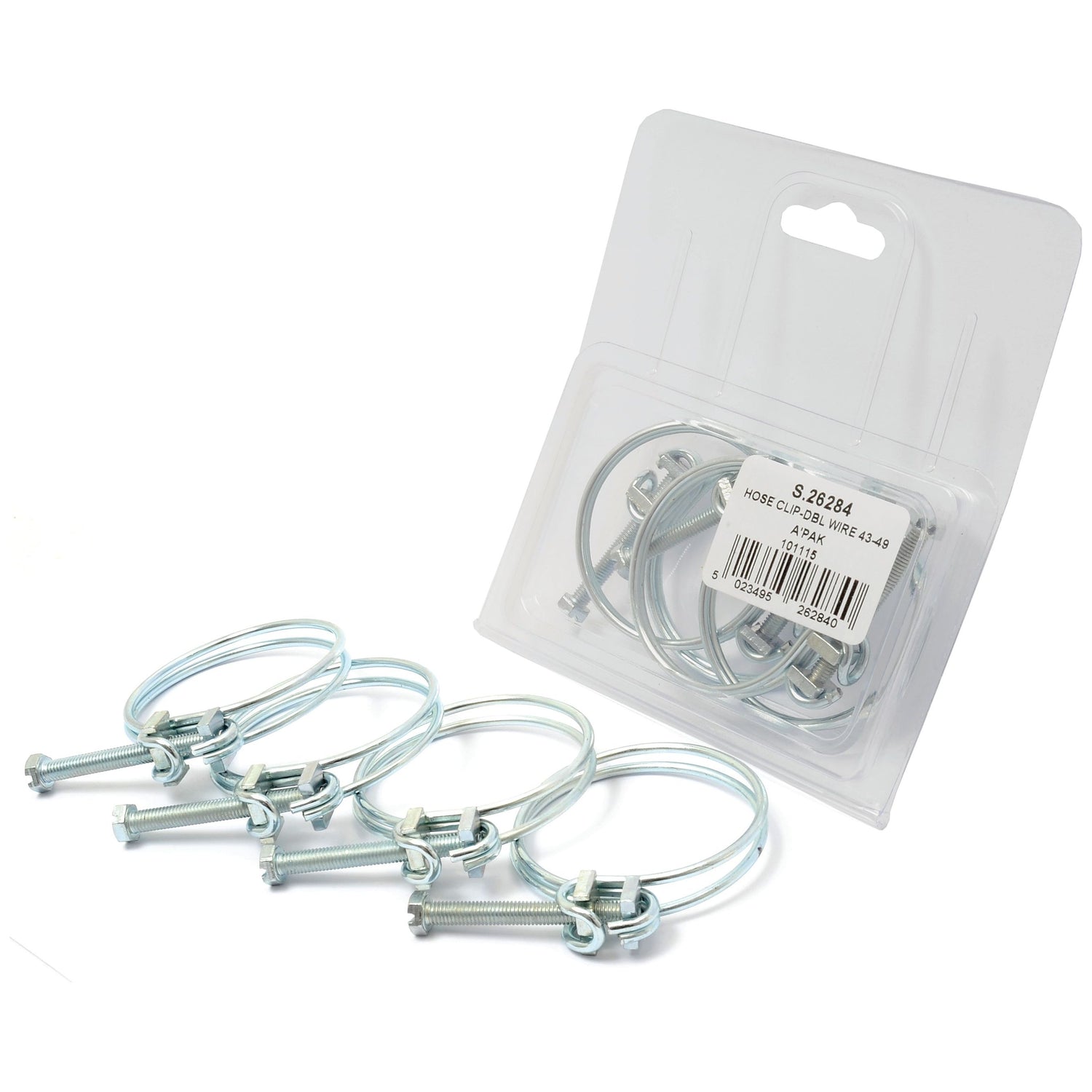 Pack of four Sparex Double Wire Hose Clips, Ø44-49mm, displayed inside a clear plastic Agripak package with a label. Sparex Part No. S.26284