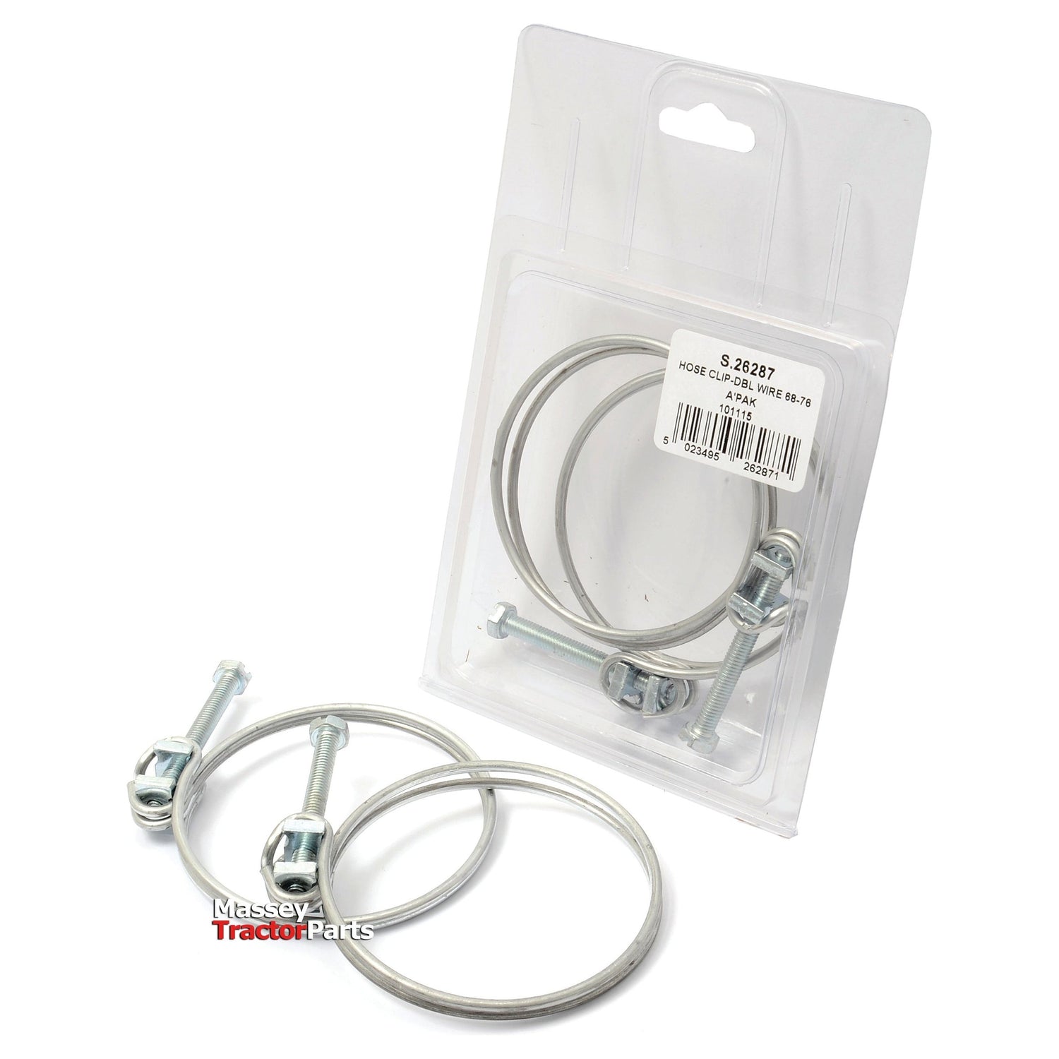 A package containing two Double Wire Hose Clips (Ø69-76mm), branded by Sparex and labeled with product information and a barcode (Sparex Part No. S.26287), with three additional clips placed beside the packaging.