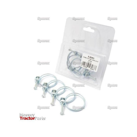 A package and four individual pieces of hose clips arranged on a white background, with the packaging labeled 'S.26283' from Sparex, featuring an Agripak design.