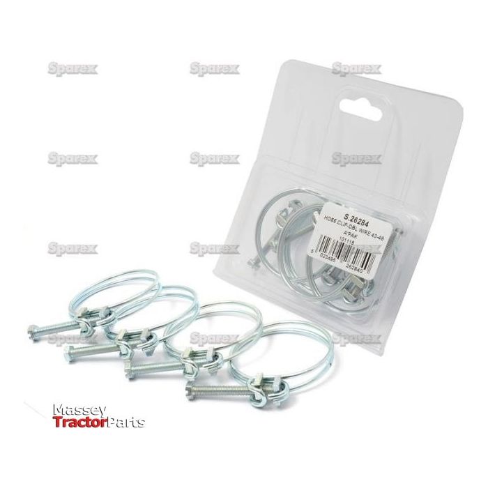 A package of Double Wire Hose Clips containing four metal hose clamps with adjustable screws, labeled "S.26284" from Massey Tractor Parts, is displayed against a white background. These quality parts by Sparex ensure durability and reliability for your needs.