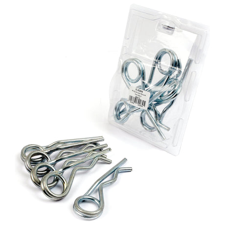 Six metal Double Wound Grip Clips, each with a diameter of 7mm and length of 150mm, are scattered next to an opened plastic packaging from Sparex Agripak, which originally contained five identical clips. The clips are Sparex Part No.S.30264.