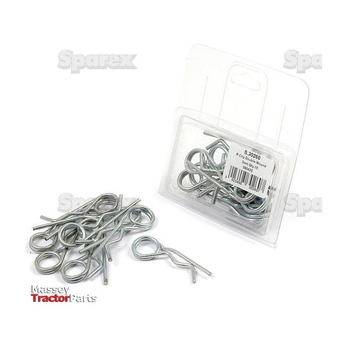A plastic package labeled as "Double Wound Grip Clip, Clip Ø3mm x 75mm (Agripak 10 pcs.) | Sparex Part No. S.30260," sold by Sparex, contains metal R-clips with additional clips scattered outside, including a Double Wound Clip.
