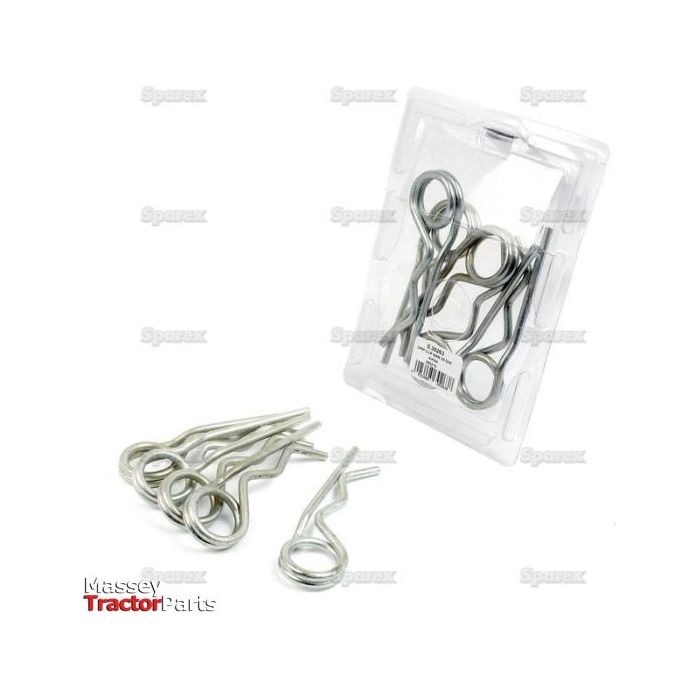 A Sparex Agripak case (Sparex Part No. S.30263) weighing 0.48 kg contains multiple metal R-clips inside, including a Double Wound Clip, with several Pin Ø19-32mm R-clips placed outside the plastic case.