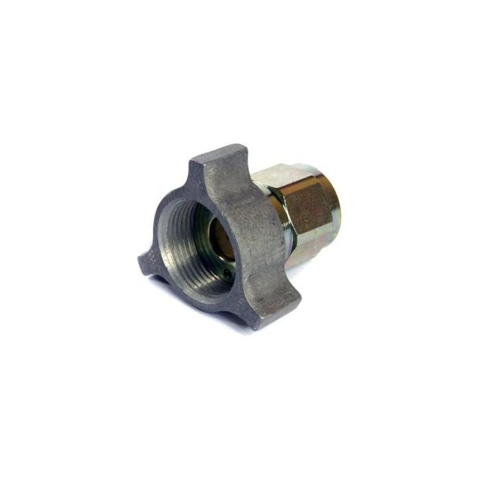 Close-up of the AGCO Dowty Coupling Female (Model 646663M91), featuring a metal hydraulic fitting with a female thread and wing-like protrusions for tightening, compatible with Massey Ferguson 100 series tractors.