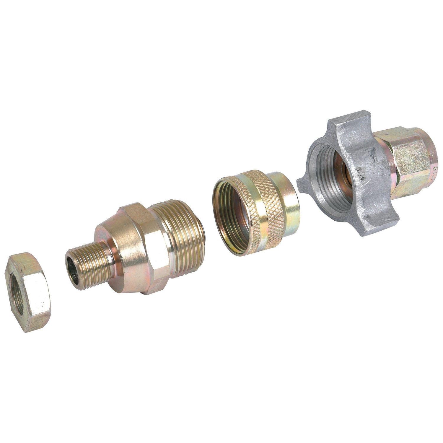 A disassembled metal pipe fitting with individual components lined up in order: a nut, a Dowty type Coupling 3/4''UNF male (Sparex Part No.S.2349), and two other pieces.