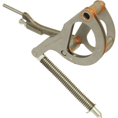 Close-up of the Draft Control Assembly (Sparex Part No.S.41448) featuring a metal spring clamp with a tension screw and triangular handle, designed for securing objects tightly. This robust Sparex device shows signs of wear.