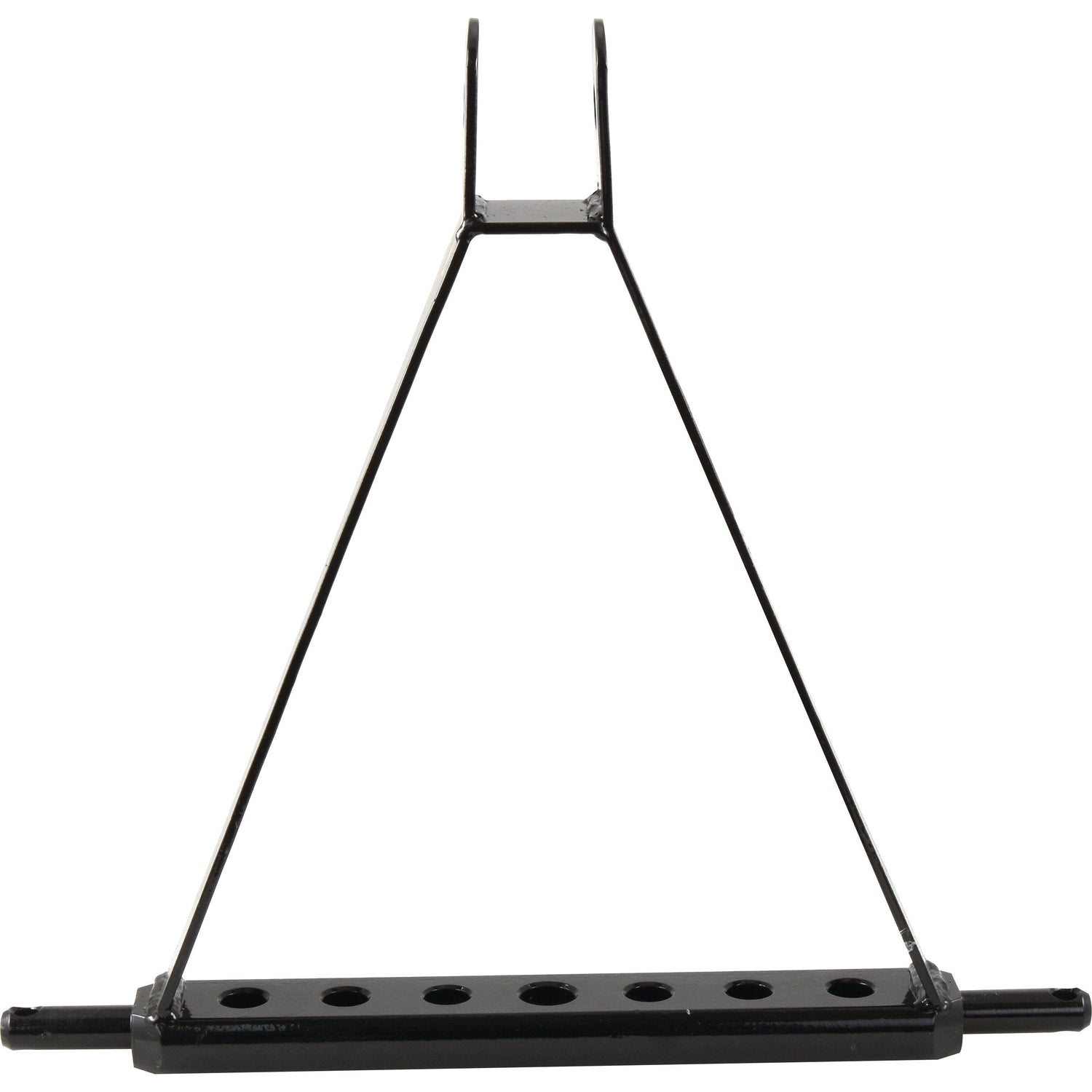 The Sparex Drawbar Hitch System (Cat. 1), featuring a triangular black metal stand with an overall height of 15 inches, boasts a base equipped with seven evenly spaced holes and two horizontal bars at the bottom.
