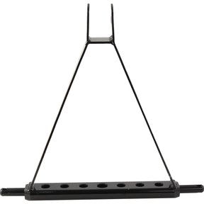 The Sparex Drawbar Hitch System (Cat. 1), featuring a triangular black metal stand with an overall height of 15 inches, boasts a base equipped with seven evenly spaced holes and two horizontal bars at the bottom.