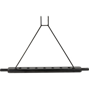 A Sparex Drawbar Hitch System (Cat. 2) featuring a black metal triangular structure with 7 evenly spaced holes, each of a specific diameter, on a 862mm horizontal base and two vertical prongs at the top. 
