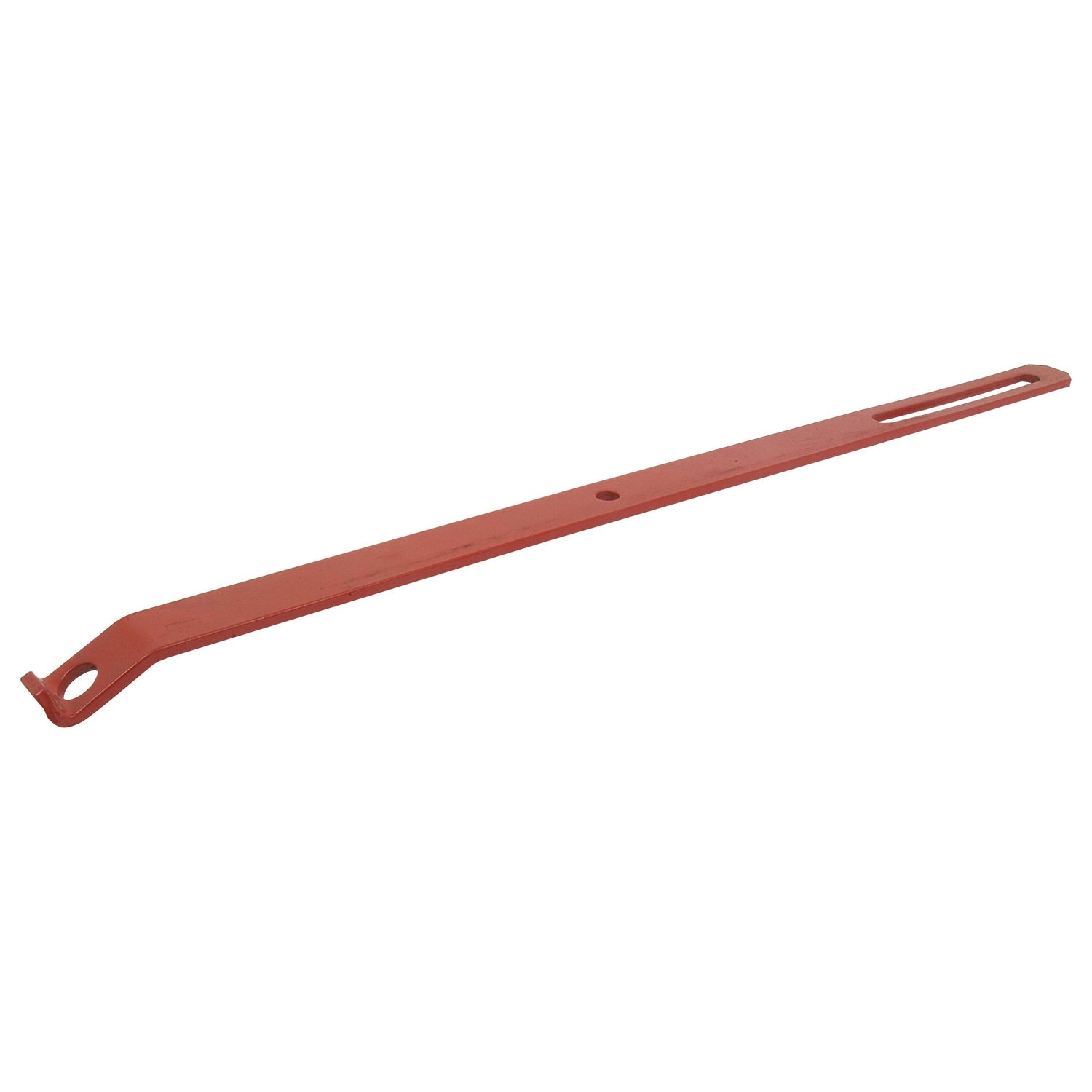 The Sparex Stay Bar (Part No. S.60460) is a 720mm long, flat, red metal strap featuring a 20mm diameter hole and slots of 13mm and 14x168mm on one end, with a small hook on the opposite end for securing or hanging purposes.
