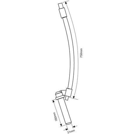 Diagram displaying dimensions of two connected rods in a bent configuration. The overall length is 750mm; one rod measures 160mm in length and has a width of 31mm, featuring the Sparex Drawbar Pin Locking Mechanism (Sparex Part No. S.30122) for secure attachment.