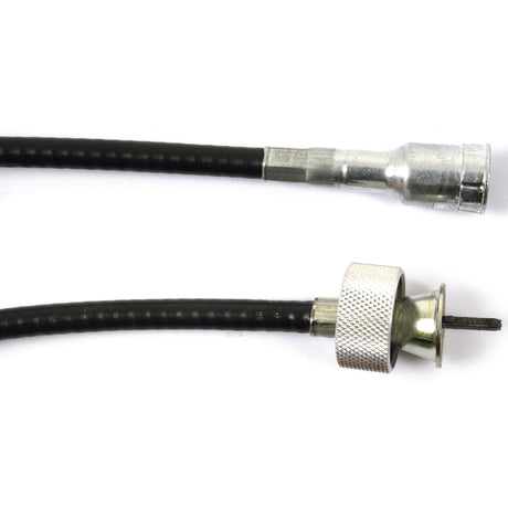 Two black Drive Cables with metal connectors. One connector, featuring a ribbed grip, contrasts the smooth finish of the other. Aligned horizontally, these cables are precision-made by Sparex for Ford / New Holland equipment. Product details include Drive Cable - Length: 1546mm, Outer cable length: 1535mm (Sparex Part No.S.75966).