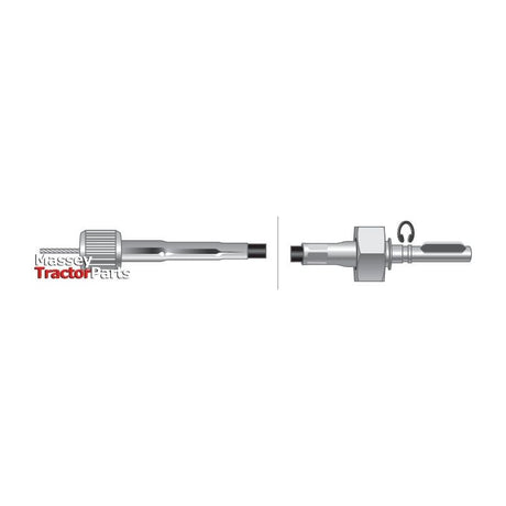 Illustration of Massey tractor parts featuring a Sparex Drive Cable (400 Series, 1637mm length, 1605mm outer cable length) and another metallic component side by side, one horizontal and one vertical, with the Massey Tractor Parts logo visible.