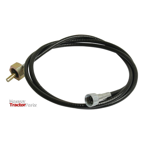 Black flexible drive cable with metal fittings on both ends, one end having a hexagonal nut and brass sensor. The text "Massey Tractor Parts" is visible in the corner. Product Name: Drive Cable - Length: 1637mm, Outer cable length: 1605mm. | Sparex Part No.S.57598 by Sparex