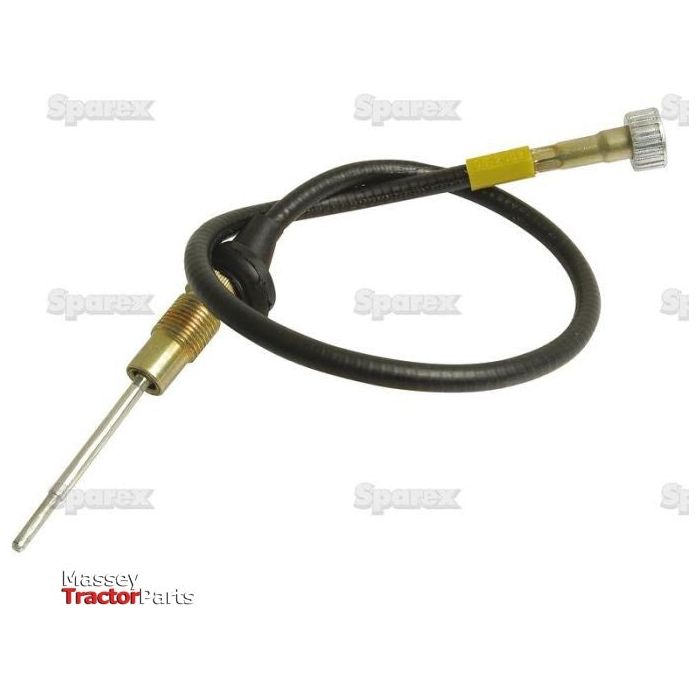 A black flexible drive cable with a length of 650mm and an outer cable length of 630mm, featuring a metallic probe and a threaded connector, designed for machinery. It is labeled by Massey Tractor Parts with the Sparex logo watermarked in the background. This product is identified by Sparex Part No.S.58854.