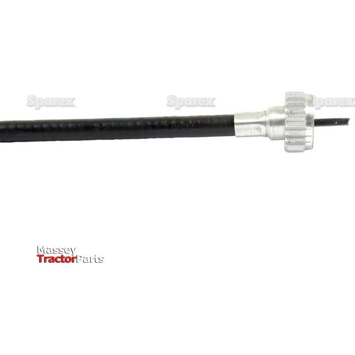 Close-up of the Sparex Drive Cable (Sparex Part No. S.57448) for a Massey Ferguson tractor, featuring a black sheath and a metallic connector with a knurled knob. This product has an overall length of 1073mm and an outer cable length of 1067mm.