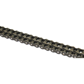 Close-up image of a duplex metal roller chain, such as a Sparex Drive Chain - Duplex, 80-2 (5M) | Sparex Part No.S.156358, typically used in mechanical applications like bicycles or machinery.