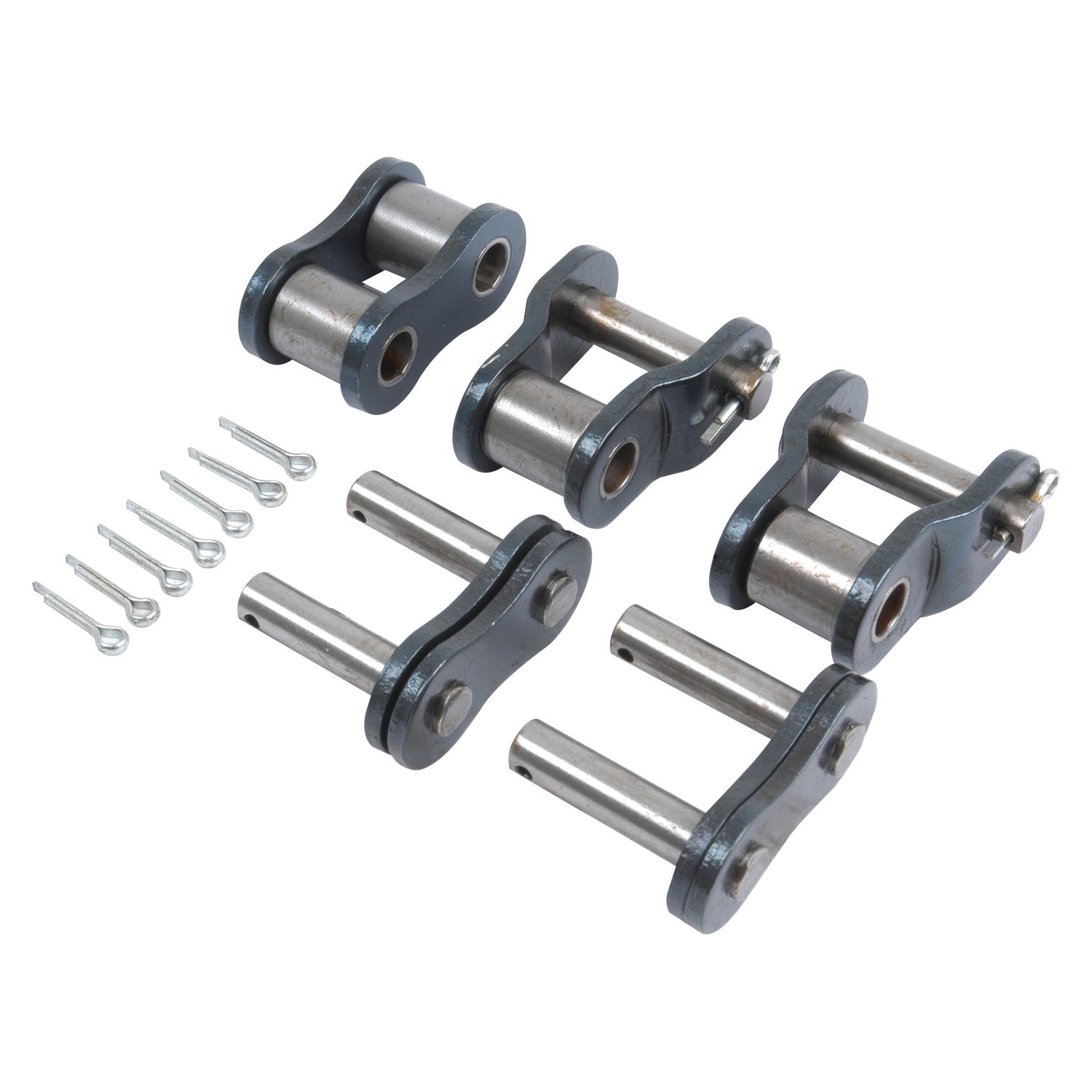 Up close view of the Drive Chain Repair Kit (16B-1) - S.19769 by Sparex, showcasing four connecting links, six pins, and four screws arranged on a light background.