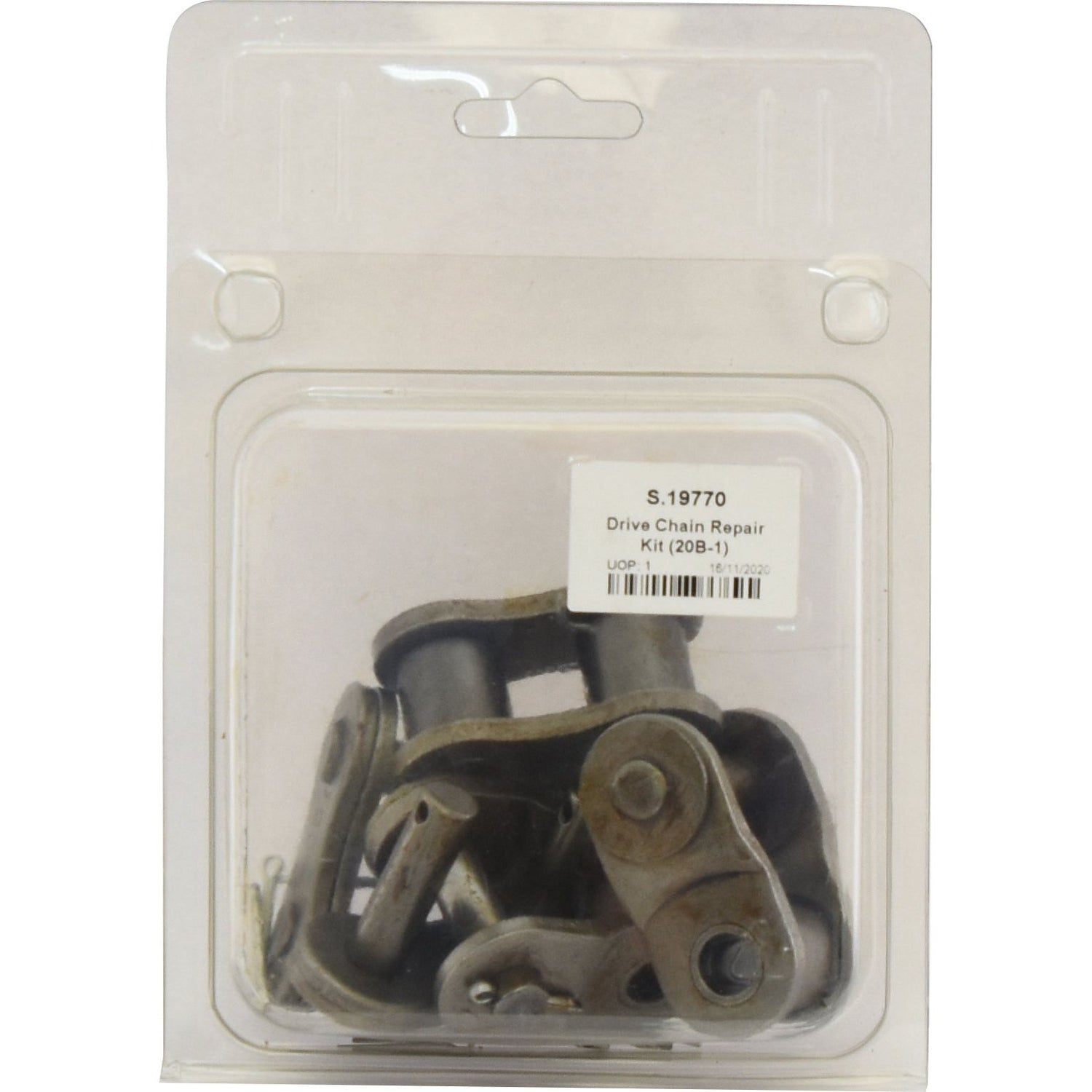 A packaged drive chain repair kit with metal components, branded as Sparex, inside a clear plastic container with a label reading "Drive Chain Repair Kit (20B-1) - S.19770".