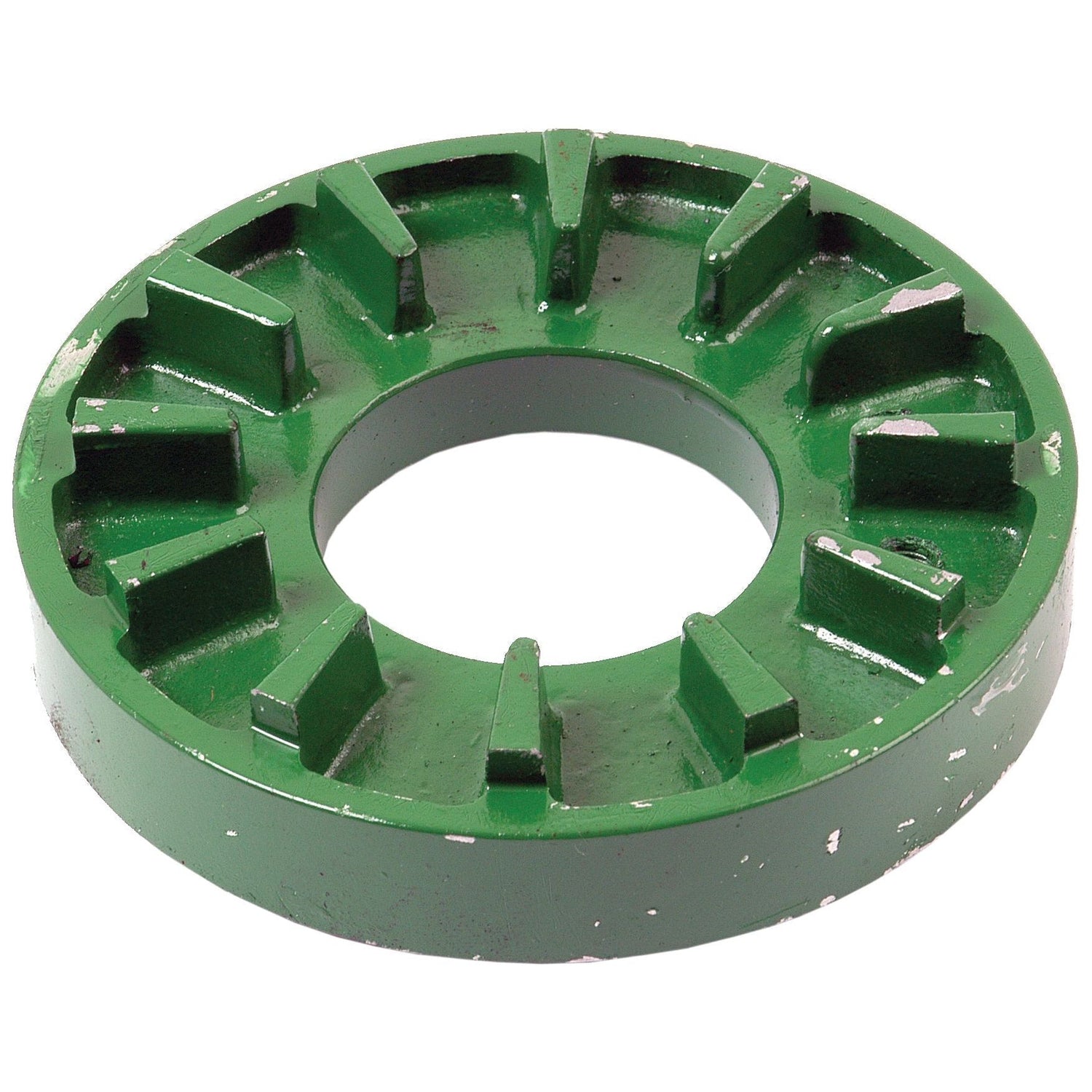 A green-painted, metal ring with several evenly spaced raised sections, showing slight wear, perfect for a John Deere hydraulic pump shaft: Drive Plate | Sparex Part No. S.72401 by Sparex.