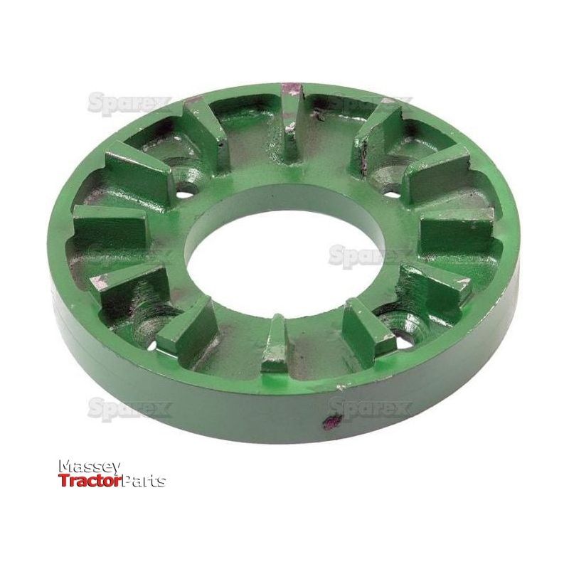 A green metal Drive Plate (Sparex Part No. S.72402) with a round shape, central hole, and multiple evenly spaced slots along the outer edge, ideal for use in John Deere machinery or as a Sparex hydraulic pump shaft.