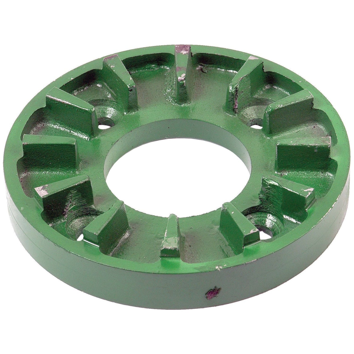 A green, round metal component with a central hole and multiple fin-like protrusions evenly spaced around its circumference, resembling the precision parts used in John Deere machinery, is the Drive Plate by Sparex (Sparex Part No. S.72402).