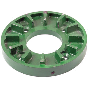 A green, round metal component with a central hole and multiple fin-like protrusions evenly spaced around its circumference, resembling the precision parts used in John Deere machinery, is the Drive Plate by Sparex (Sparex Part No. S.72402).
