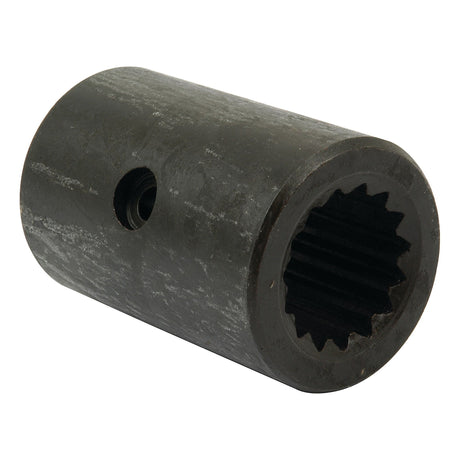The Drive Train Coupling, Sparex Part No. S.66753, by Sparex, is a cylindrical metal coupling with a spline-profiled internal bore and a side hole, compatible with Ford / New Holland models.