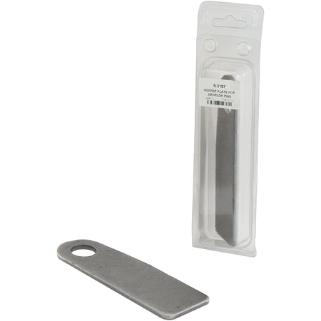 Image of a metal Drop Lock Pin Keeper Plate with a circular hole at one end; one plate is outside the packaging, while another is still inside a transparent plastic pack labeled "Sparex Drop Lock Pin Keeper Plate (Agripak 1 pc.), Part No.S.3157.