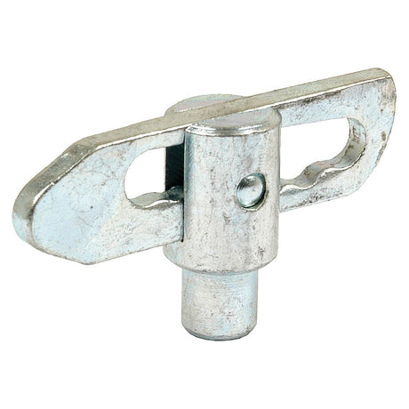 The Droplok Pin - Weld on type (13mm) by Sparex, featuring a cylindrical body and two flat, wing-like extensions on either side, is designed for joining or securing panels. It is ideal for applications requiring robust connections similar to those offered by Weld On fittings.