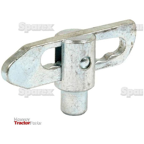 Close-up of a metal tractor part identified as a Droplok Pin - Weld on type (13mm | Sparex Part No. S.649), featuring a cylindrical base and a horizontal handle-like structure. Logos for Massey Tractor Parts and Sparex are visible in the background, providing clear manufacturer information.