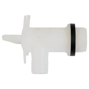 Side view of a white Drum Tap 3/4'' BSP - Plastic (Sparex Part No. S.12338) featuring a threaded screw end and a small lever handle, designed for dispensing liquids. Ideal for Sparex containers.