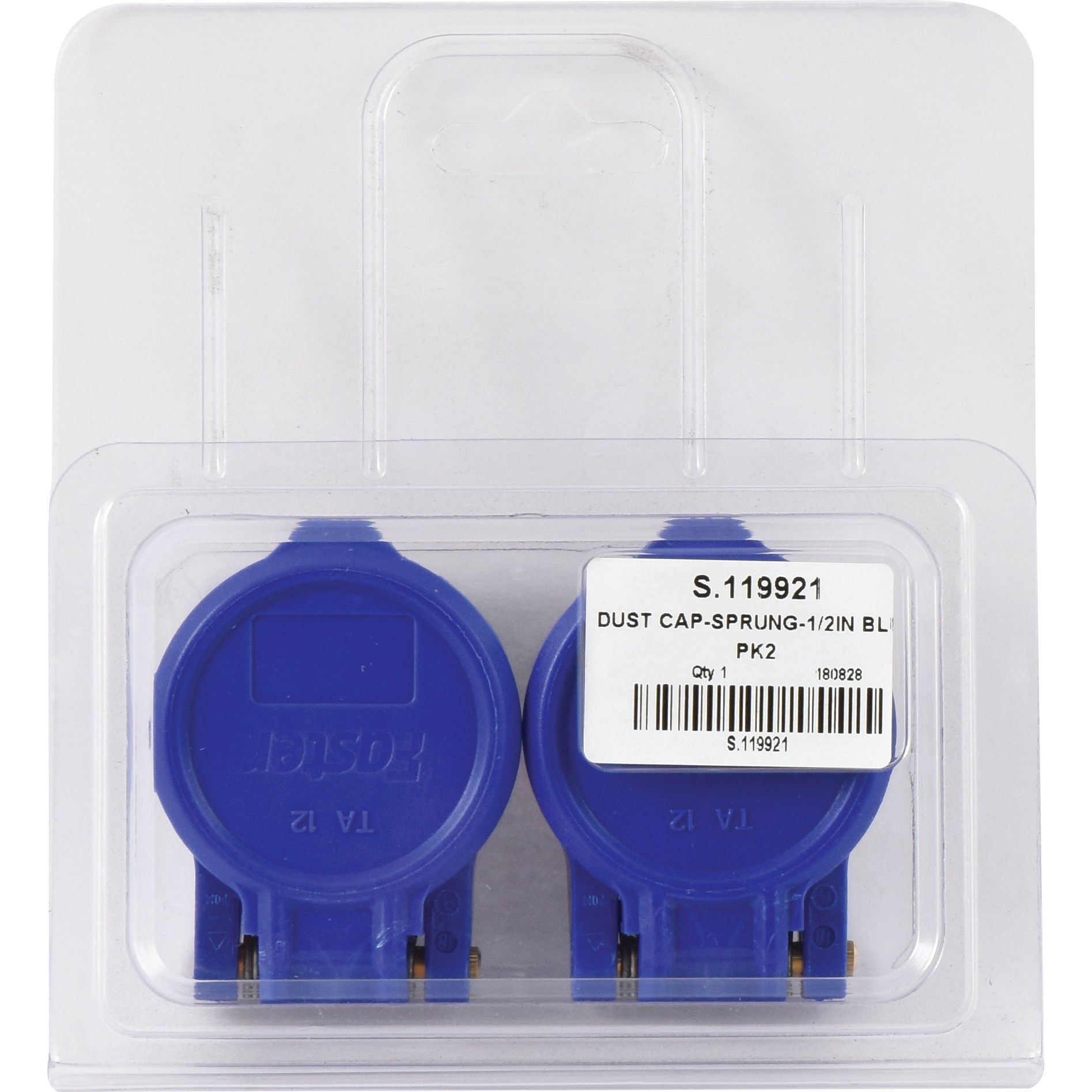 A package containing two blue Faster Dust Caps, each labeled "Dust Cap - Sprung - 1/2in BL" and marked with the code "S.119921," designed for use with the TA Series Female Coupling, branded as Sparex.