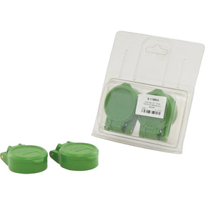 A pack of two green Faster Dust Caps for 1/2'' female couplings from the TA Series TA12V, with one cap displayed outside and the other inside transparent plastic packaging, branded by Sparex.