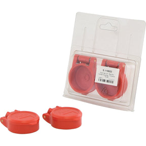 Two Faster Dust Cap 1/2'' Red Fits Female Coupling - TA Series TA12R (2 pcs. Agripak) by Sparex, featuring red plastic flip-top caps in clear plastic packaging, with one set displayed outside. These durable caps are ideal for use with PVC materials and are designed for seamless integration.