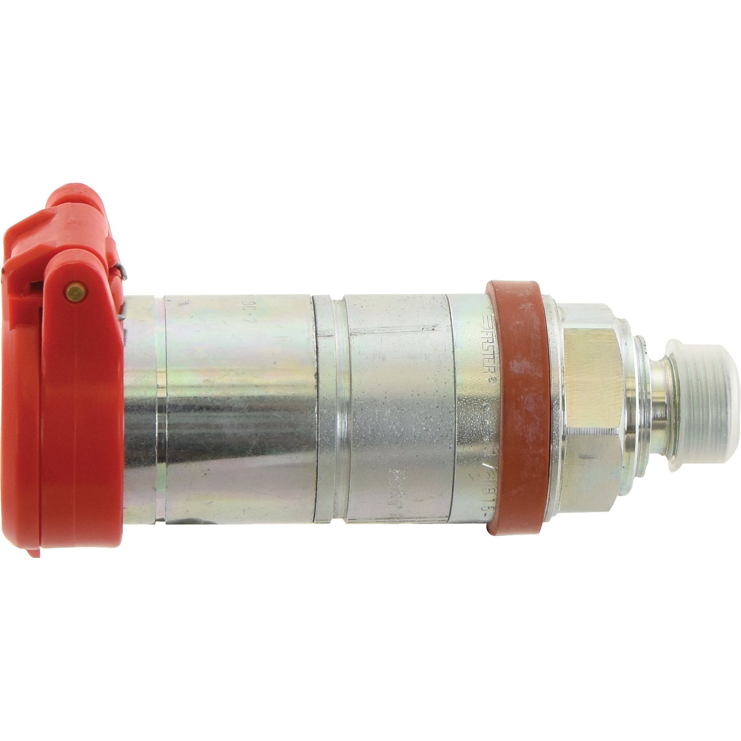 A silver metal connector from the Sparex TA Series (Product: Faster Dust Cap 1/2'' Red Fits Female Coupling - TA12R - S.112753), featuring a red plastic cap on one end and a 1/2 inch female coupling threaded on the other side.