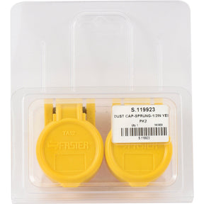Two yellow "Faster Dust Cap 1/2'' Yellow Fits Female Coupling - TA Series TA12G (2 pcs. Agripak) - S.119923" dust caps from Sparex are packaged in a clear plastic container, perfect for use with PVC coupling systems.
