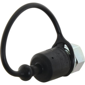 A Sparex Faster Dust Cap Black made of PVC, designed to fit a 1/2'' male coupling from the TF Series TF12N (S.112764), complete with an attached loop.