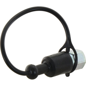 The Faster Dust Cap Black by Sparex, made of PVC and fitting a 1/4'' male coupling (TF Series TF14N - S.112767), features an attached looped rubber tether for secure attachment and ease of handling.