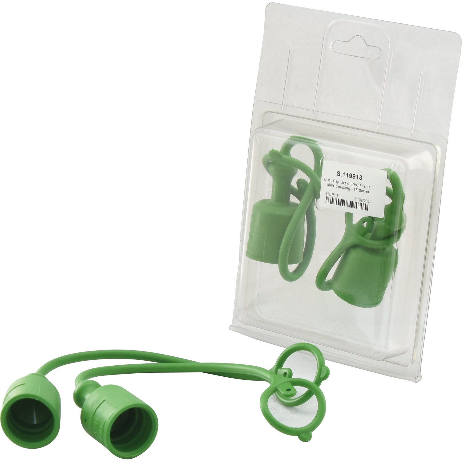 The Sparex Faster Dust Cap Green PVC Fits 1/2'' Male Coupling - TF Series TF12V (Agripak 2 pcs.) - S.119913 comes packaged with one adapter shown outside the packaging. The durable PVC adapters feature flexible connectors for ease of use.