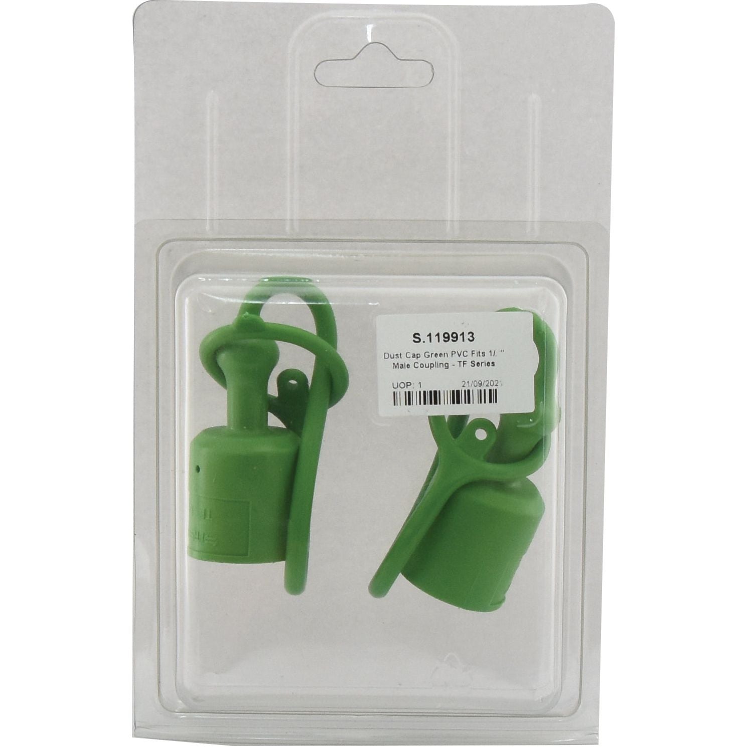 Packaging featuring two green PVC dust caps designed for 1/2'' male couplings, emphasizing the durable PVC construction. The label displays the text "S.119913" and other product details, courtesy of Sparex.