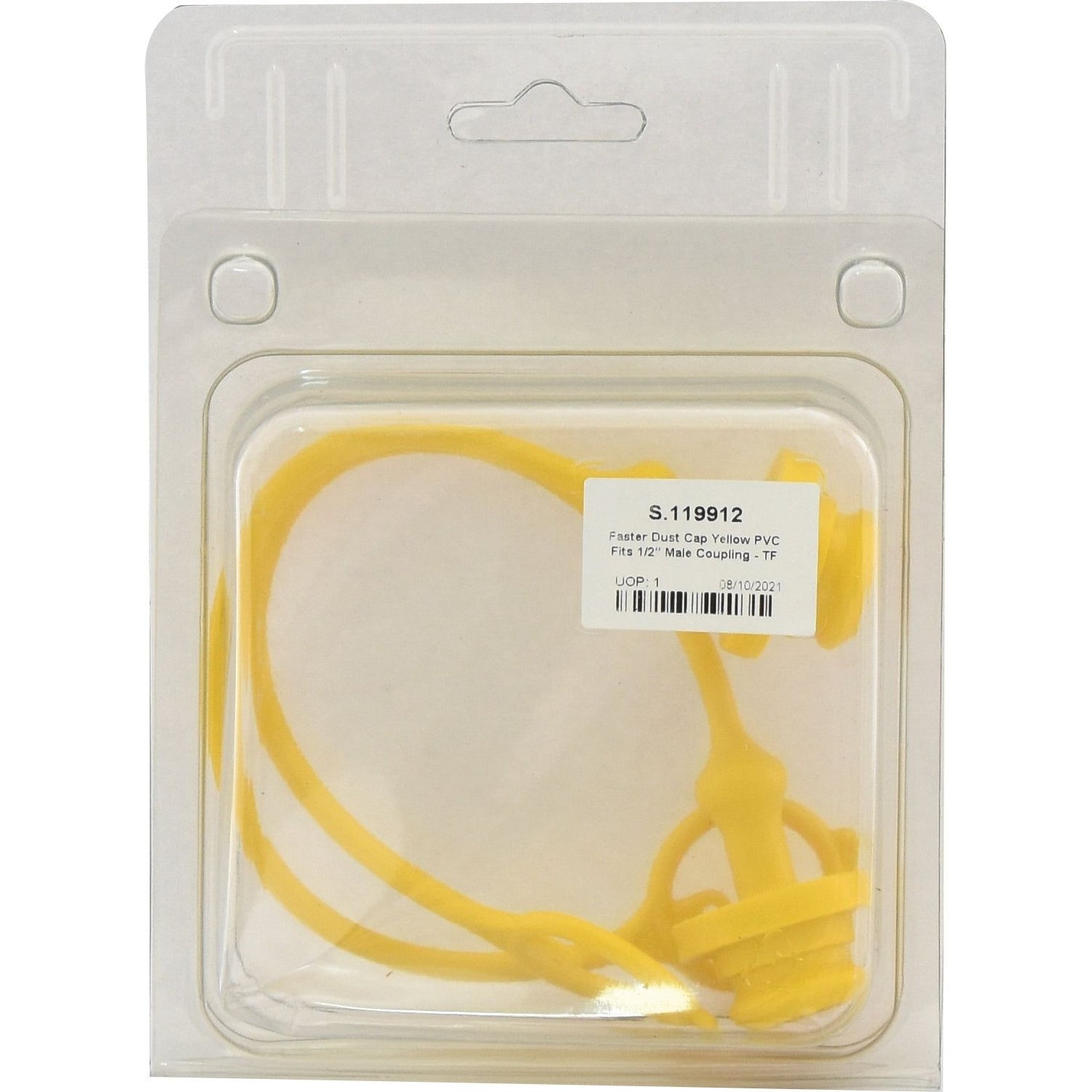 Clear plastic packaging containing a yellow Faster dust cap for the TF Series. The label reads "S.119912 Faster Dust Cap Yellow PVC Fits 1/2'' Male Coupling - TF Series TF12G (Agripak 2 pcs.)" by Sparex.
