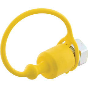 Yellow protective dust cap made of PVC for Faster TF Series hydraulic fittings with a looped retention strap, compatible with 1/2'' male couplings - TF12G (S.112763) by Sparex.