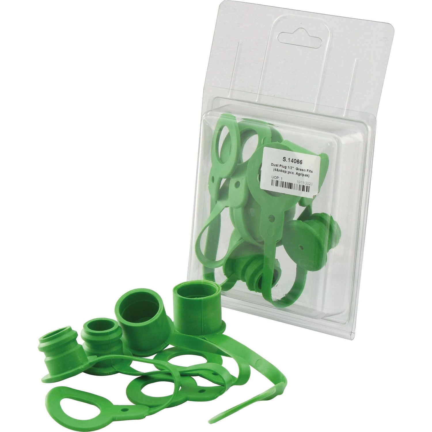 A set of green PVC dust caps and plugs in various sizes, including 1/2'' male and female couplings, displayed with some caps removed from the Sparex Agripak packaging (4 pcs.) - S.14066.