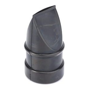The Fendt - Dust Discharge Valve - 716200090100 by AGCO is a dark plastic angled nozzle attachment with a smooth finish and circular base, designed for perfect fitment.