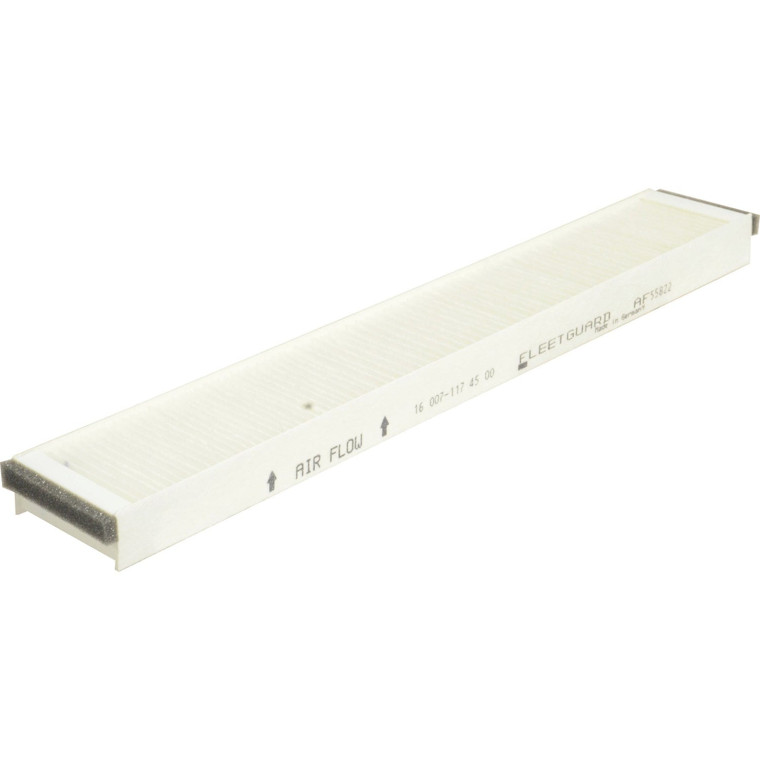 A rectangular, white cabin air filter branded "Sparex," with visible text "FLEETGUARD," arrows indicating airflow direction, and product code "AF55822," designed for Claas tractors. Product Name: Dust Filter - AF55822 | Sparex Part No. S.119393.