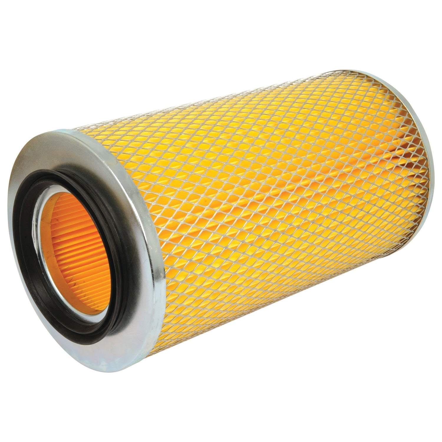A cylindrical air filter with a yellow pleated paper core, metal outer mesh, and John Deere compatibility, Sparex Dust Filter | Sparex Part No. S.105538.