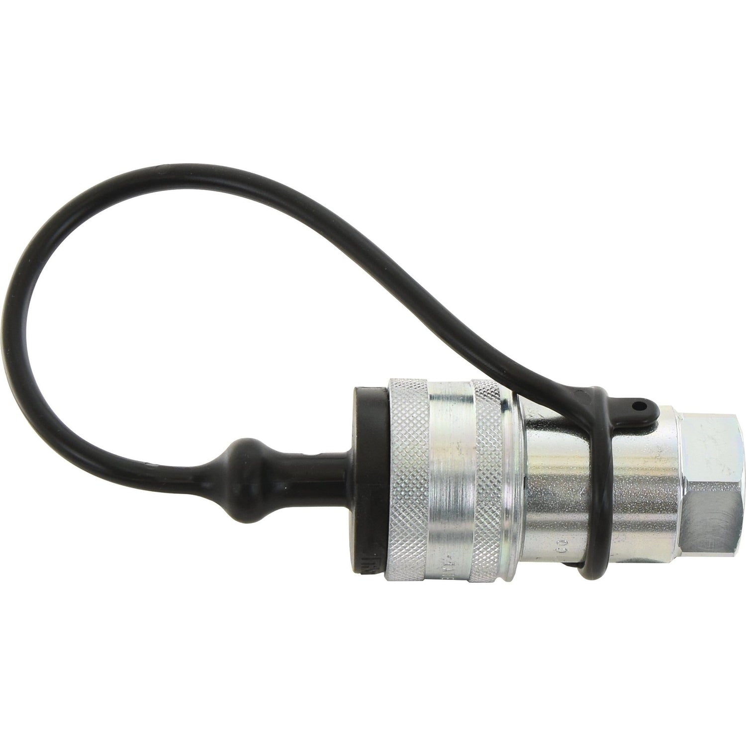 A PVC Faster Dust Plug Black, fitting 1/4'' female coupling of the TM Series TM14N with part number S.112783 by Sparex, featuring a ridged grip and an attached protective cap connected by a flexible rubber strap.
