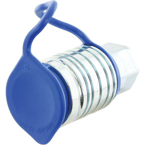 The Stauff Dust Plug Blue PVC (model S.14064) from Sparex fits a 1/2" female coupling and features a metallic hexagonal bolt with a blue plastic protective cap covering its head. It also includes a blue plastic loop for easy removal and is suitable for various applications. Manufacture information is available upon request.